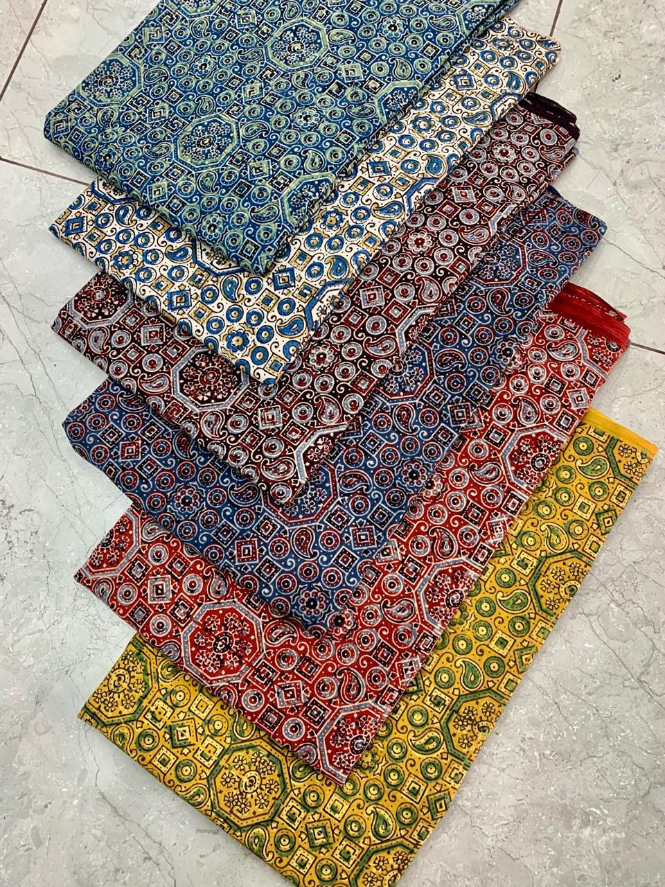 Ajrakh pure cotton handblock printed fabric in cream base with floral multicolour butti design